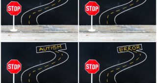 Mini STOP sign on the road, hand drawing over chalkboard