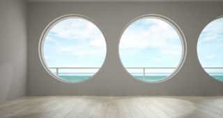 Interior of empty room with sea view 3D rendering